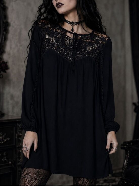 American Eagle Outfitters Dresses & Skirts - American Eagle Black Gothic Lace Yoke Tunic Dress Boho Romantic Long Sleeve Medi